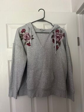 American Eagle Outfitters Light Gray Hoodie with Pink Floral Embroidery